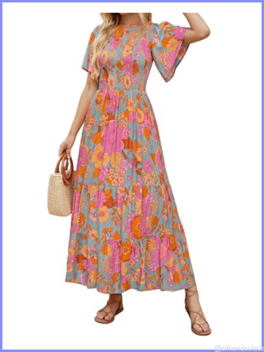 Boho Floral Smocked Short Sleeve Maxi Dress Women Summer Casual A-Line Tiered